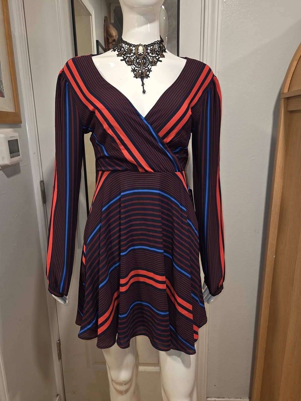 Express  NWT Burgundy Long-Sleeve Wrap Dress with Red & Blue Stripes Sz Xs